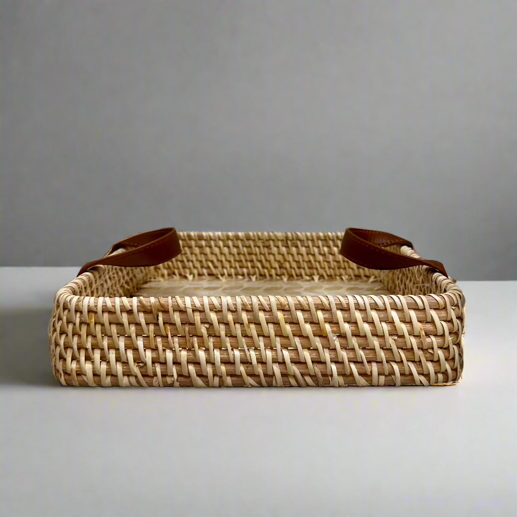 Shell Inlay Woven Rattan Square Serving Tray with Handles