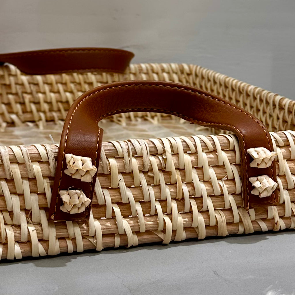 Shell Inlay Woven Rattan Square Serving Tray with Handles