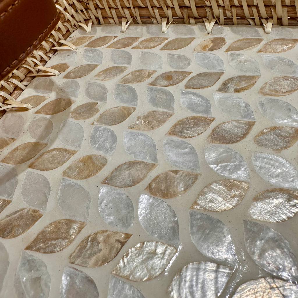 Shell Inlay Woven Rattan Square Serving Tray with Handles