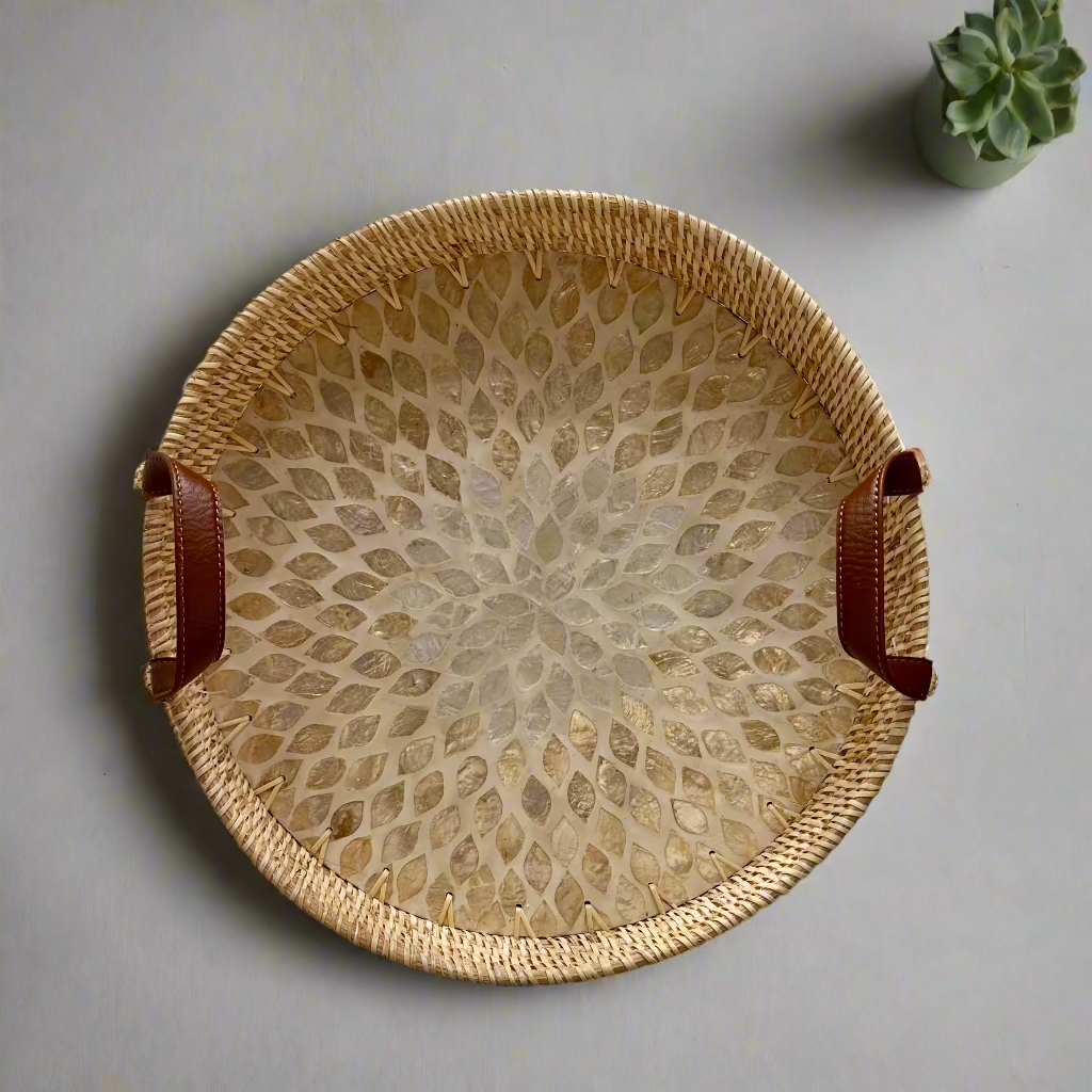 Shell Inlay Woven Rattan Round Serving Tray with Handles