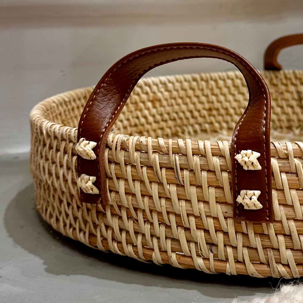 Shell Inlay Woven Rattan Round Serving Tray with Handles