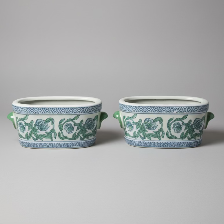 Floral Oval Ceramic Planter Pot with Handles