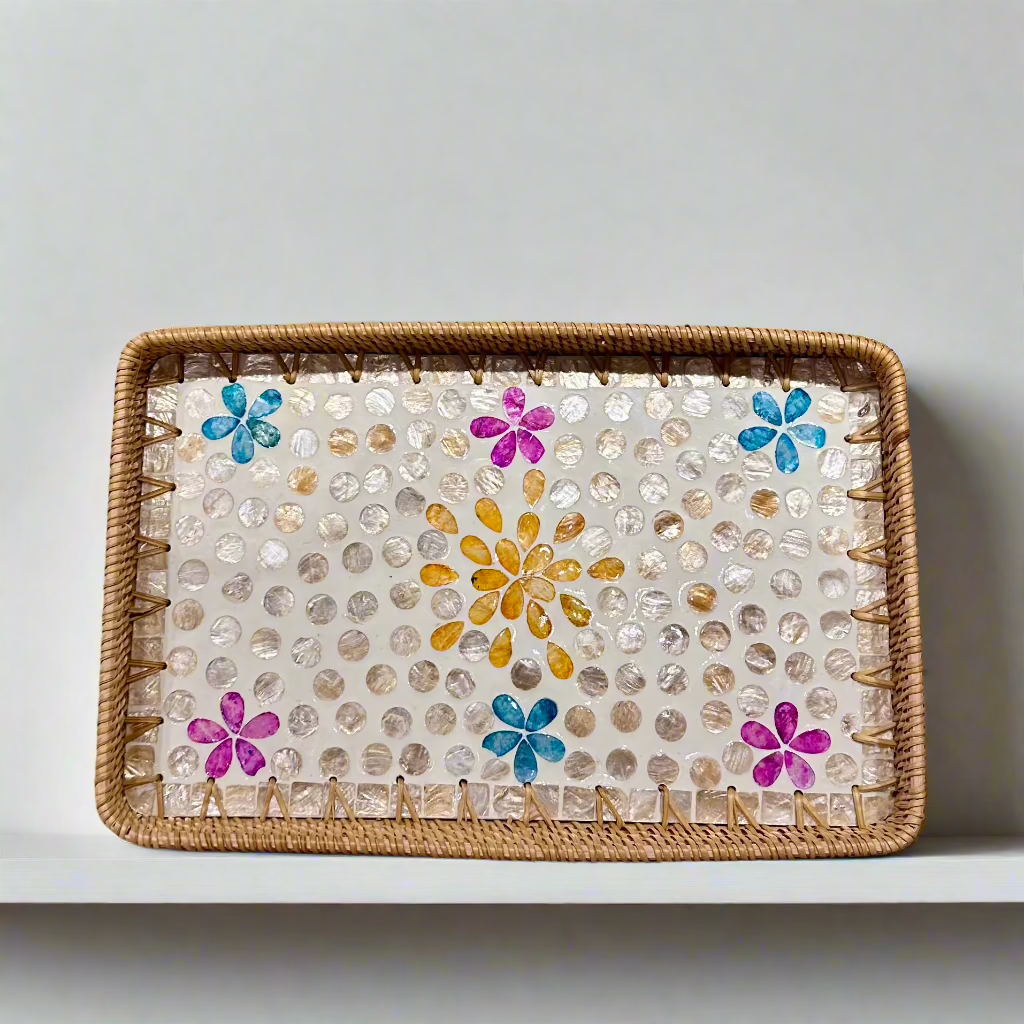 Colourful Petals Shell Inlay Woven Rattan Serving Tray