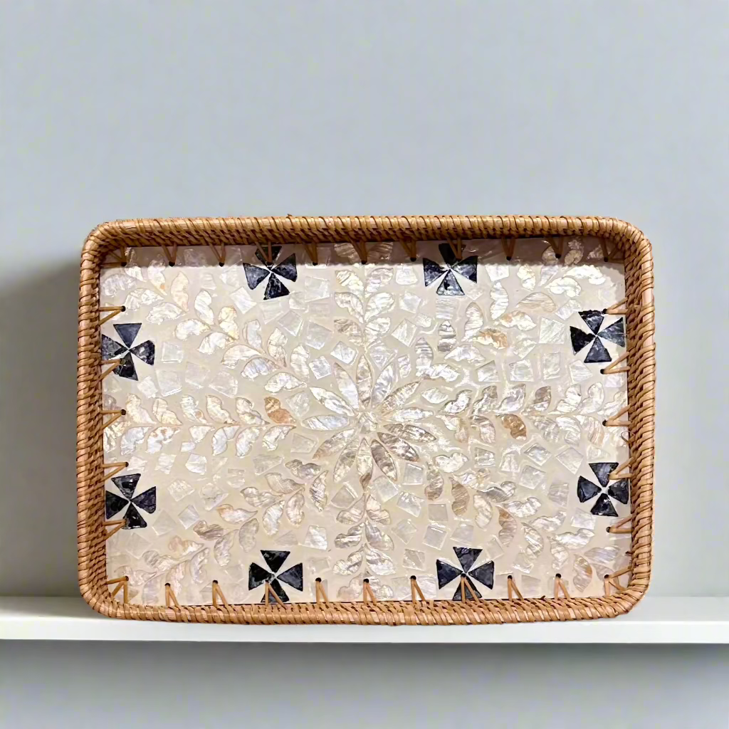 Neutral Floral Shell Inlay Woven Rattan Serving Tray