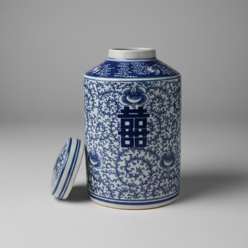 Blue & White Double Happiness Tea Jar
