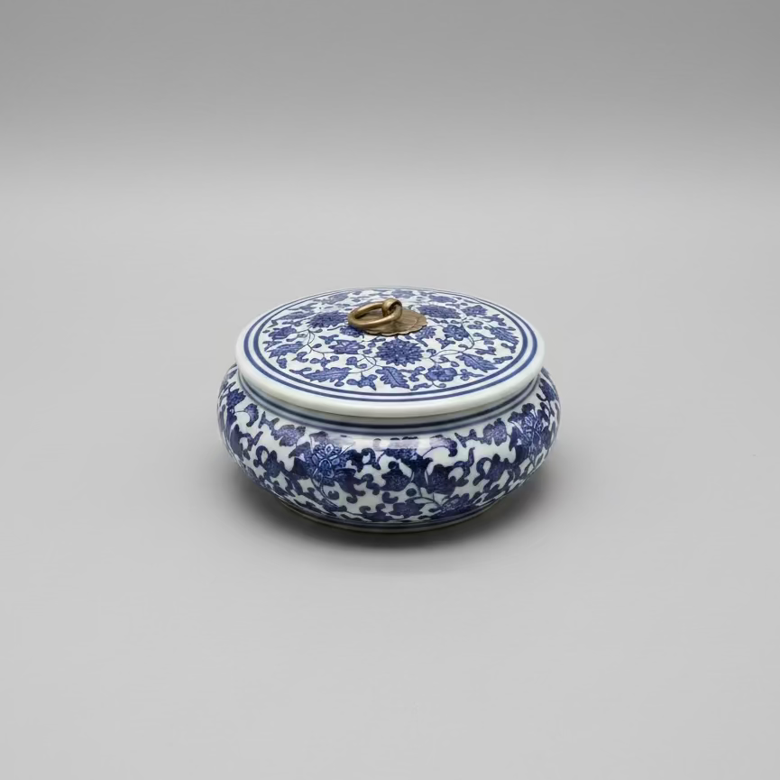 Blue & White Floral Ceramic Round Storage Jar