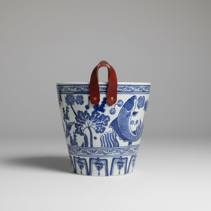 Blue and White Ceramic Ice Bucket with Red Handles