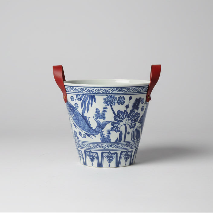 Blue and White Ceramic Ice Bucket with Red Handles