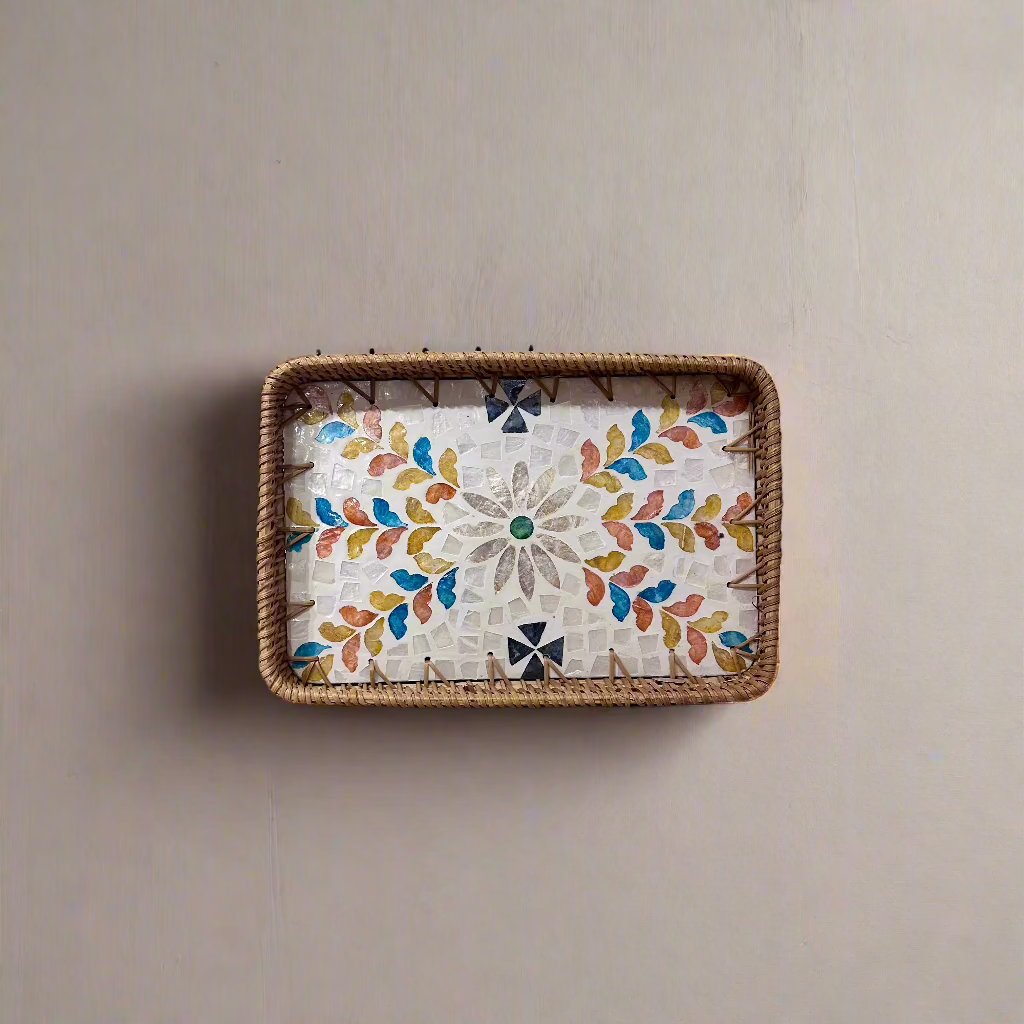 Floral Shell Inlay Woven Rattan Serving Tray