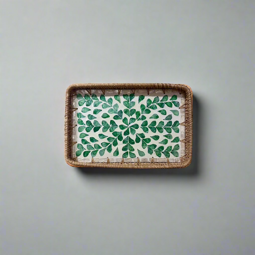 Green Leaves Shell Inlay Woven Rattan Serving Tray