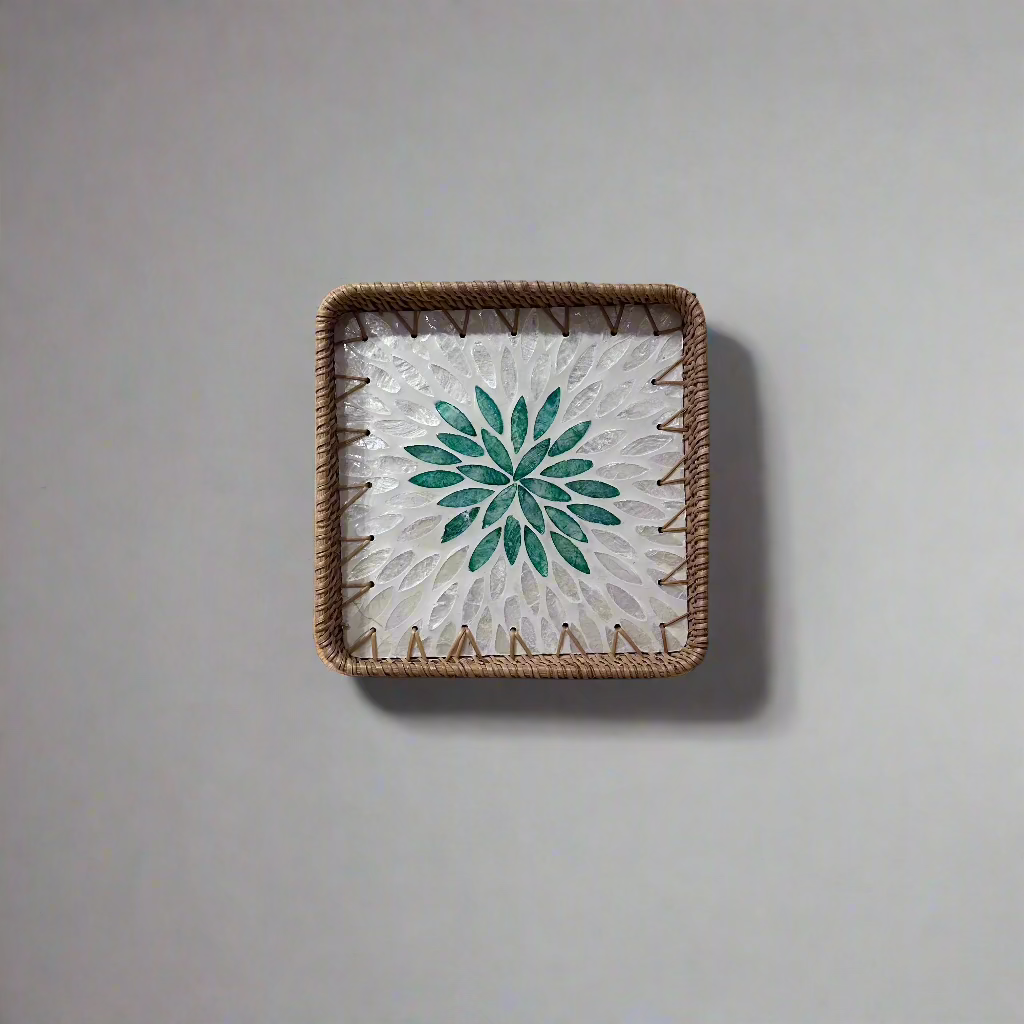 Green Petals Shell Inlay Woven Rattan Serving Tray
