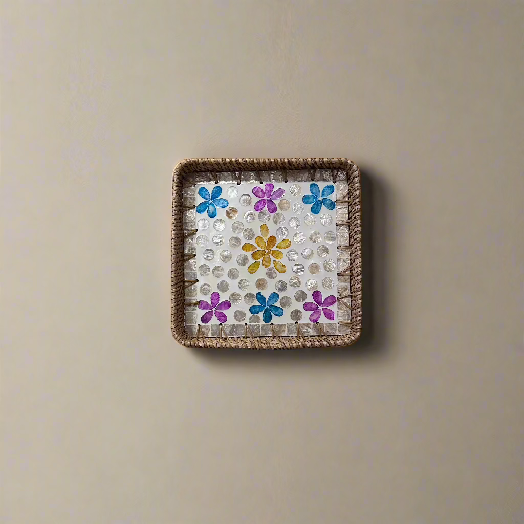 Colourful Petals Shell Inlay Woven Rattan Serving Tray