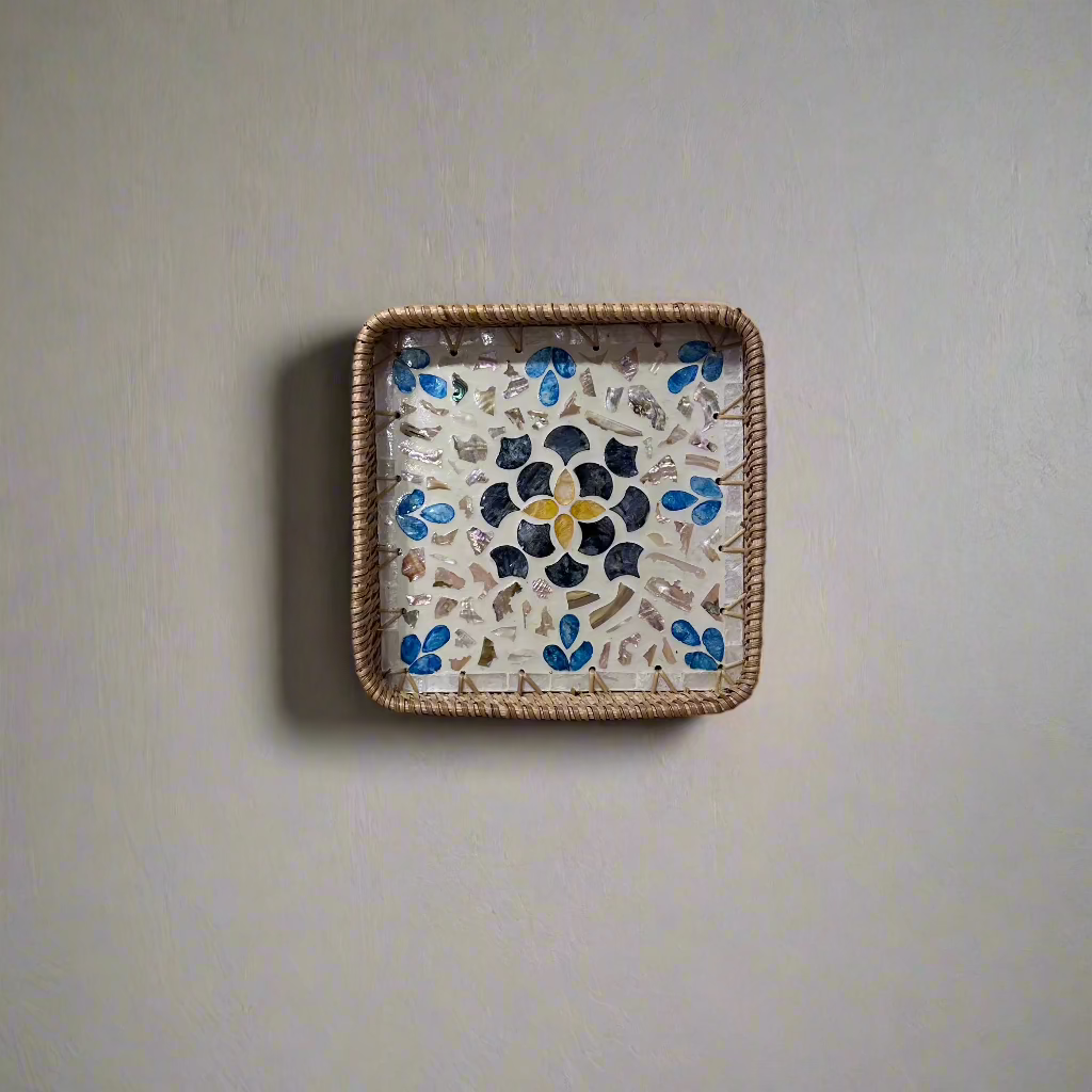 Mixed Shell Inlay Woven Rattan Serving Tray