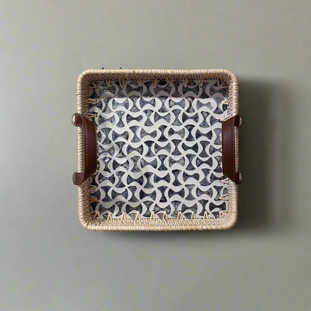 Shell Inlay Woven Rattan Square Serving Tray with Handles