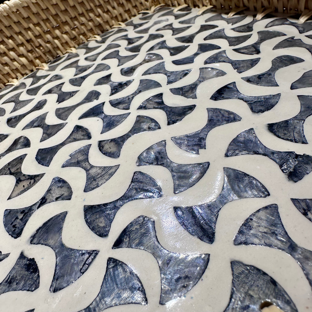 Shell Inlay Woven Rattan Square Serving Tray with Handles