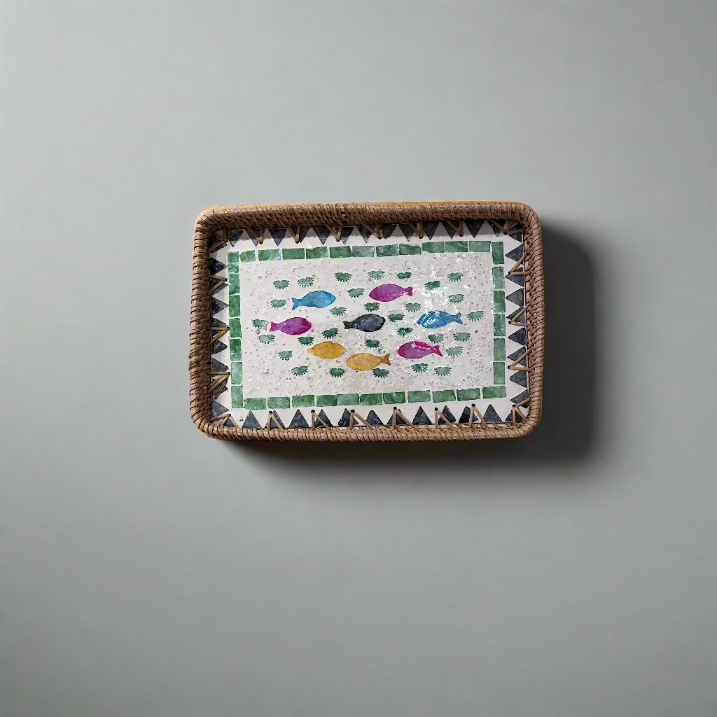 Colourful Fish Shell Inlay Woven Rattan Serving Tray