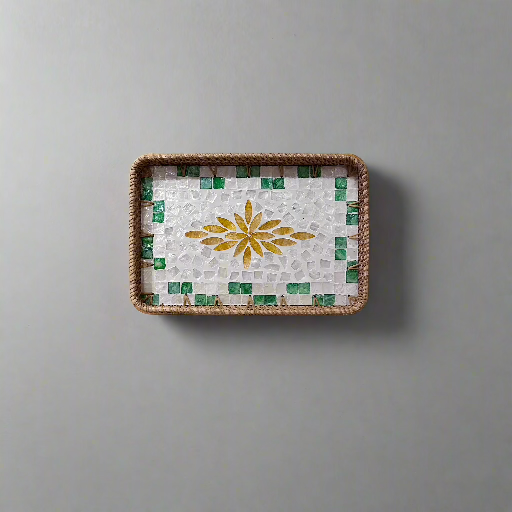 Yellow Petals Shell Inlay Woven Rattan Serving Tray