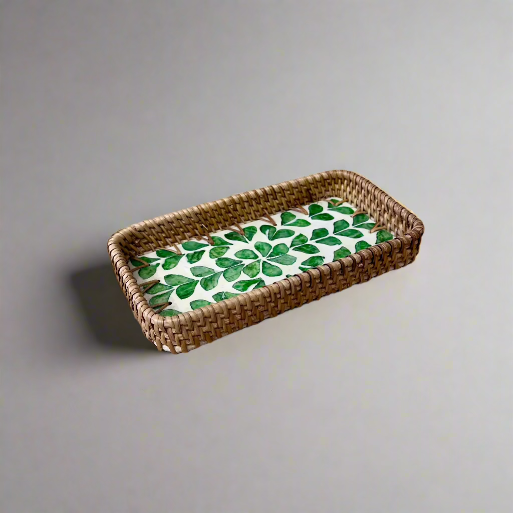 Green Leaves Shell Inlay Woven Rattan Serving Tray