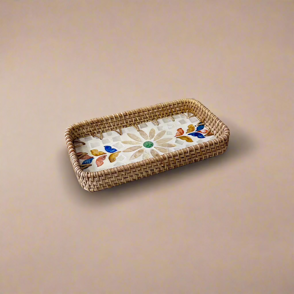 Floral Shell Inlay Woven Rattan Serving Tray