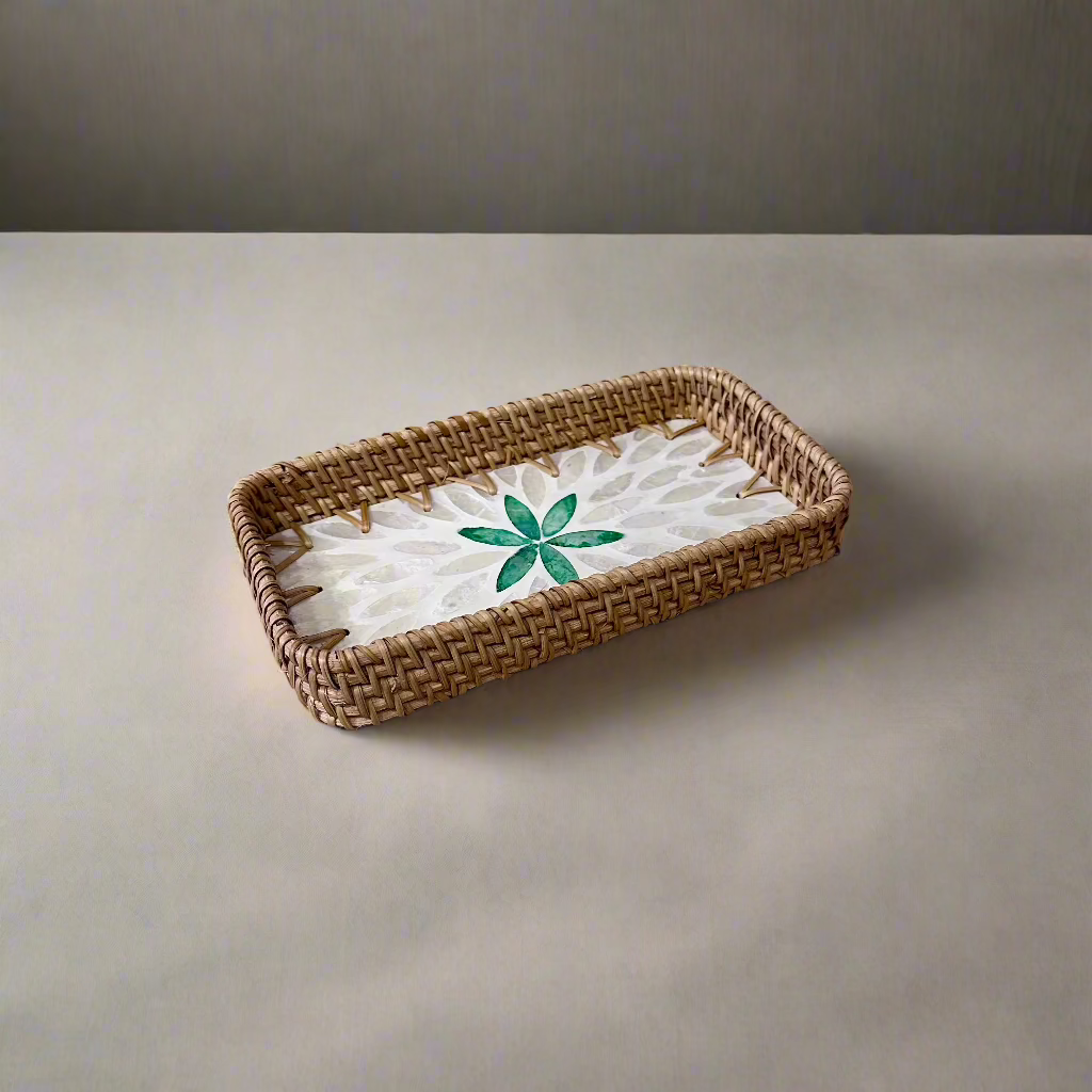 Green Petals Shell Inlay Woven Rattan Serving Tray