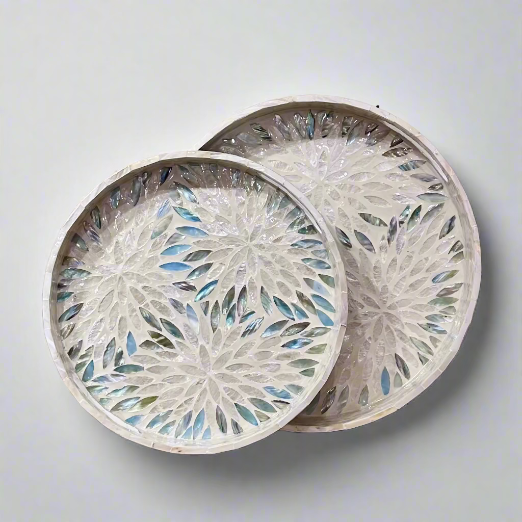 Blue & White Starburst Shell Inlay Round Serving Tray