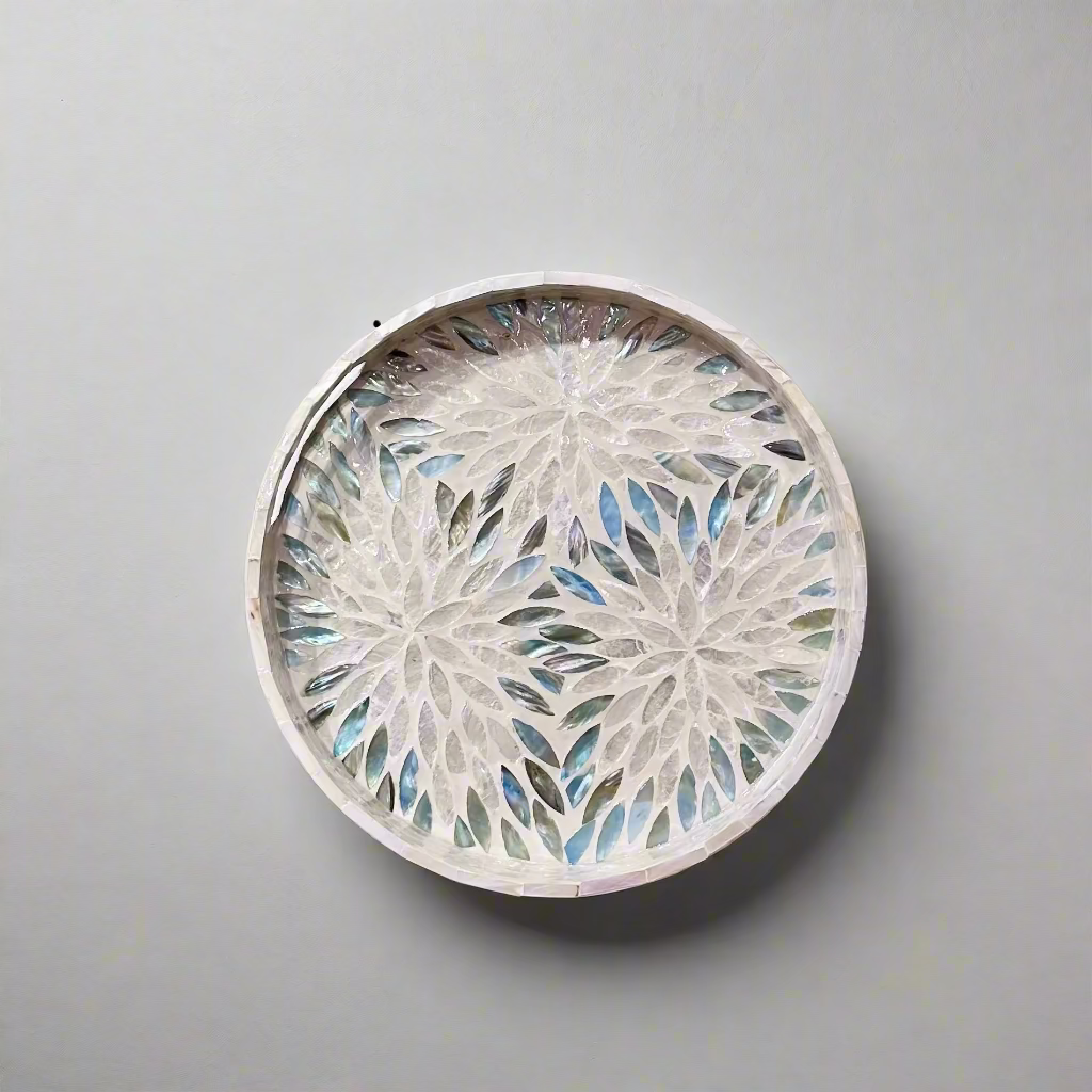 Blue & White Starburst Shell Inlay Round Serving Tray