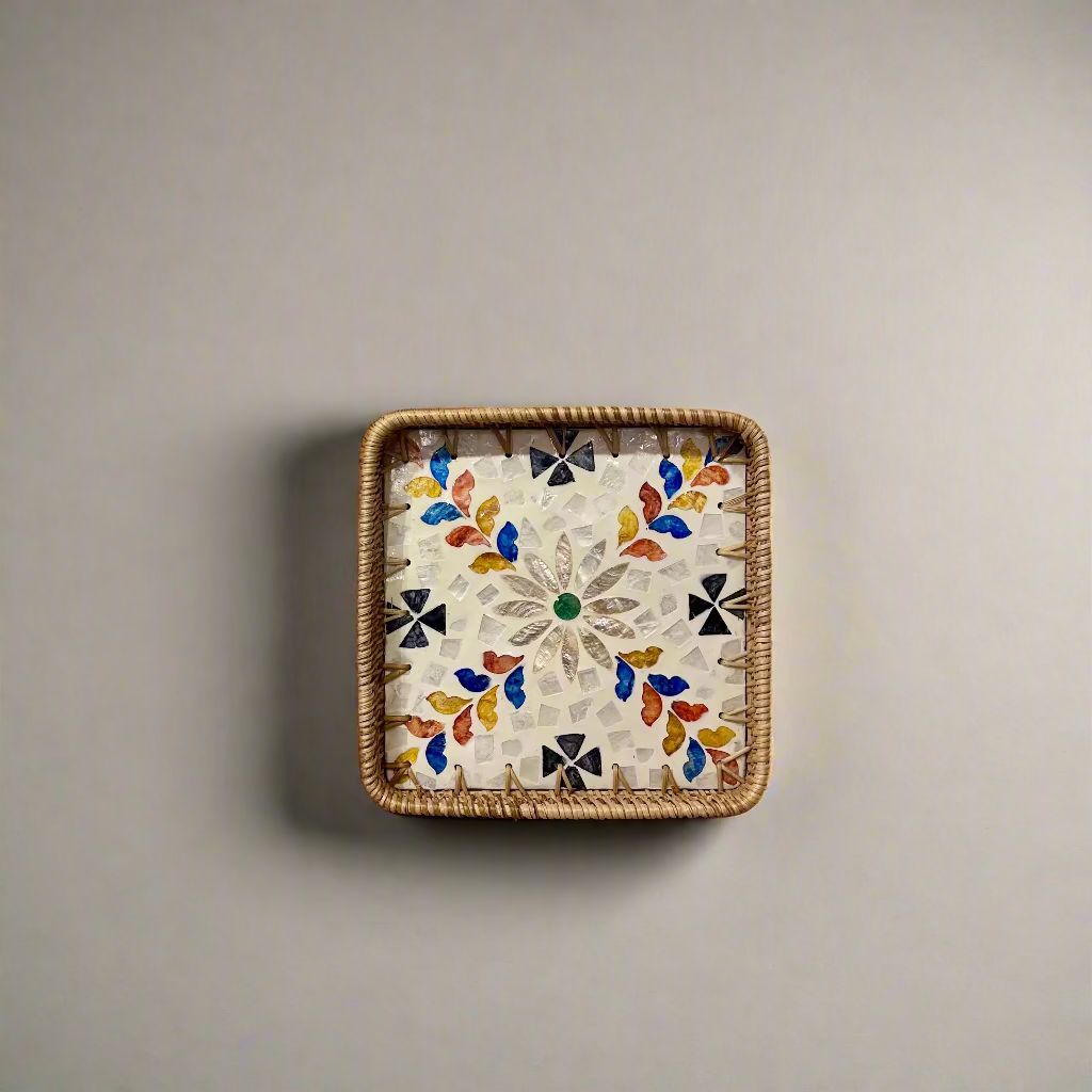 Floral Shell Inlay Woven Rattan Serving Tray
