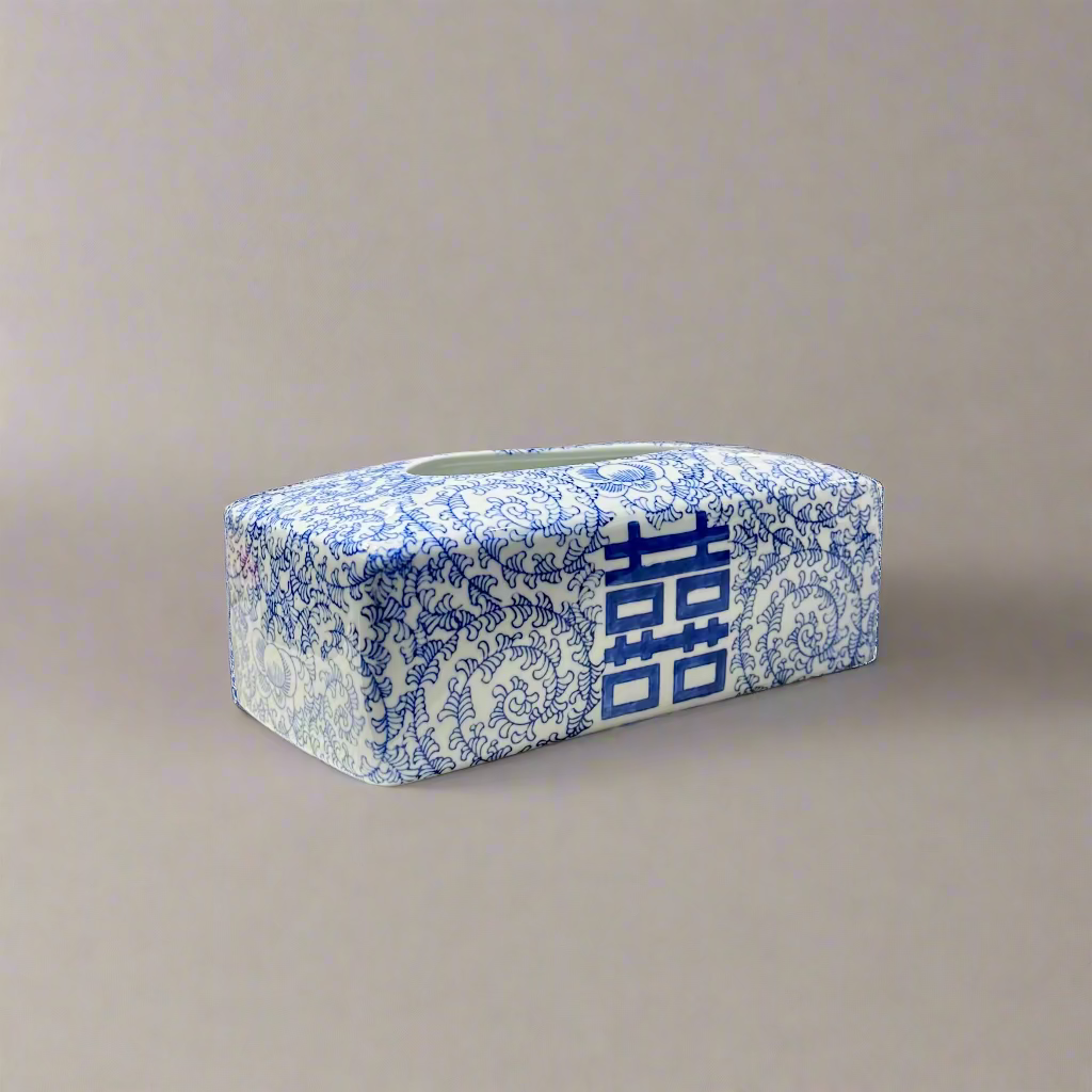 Blue & White Ceramic Double Happiness Tissue Box