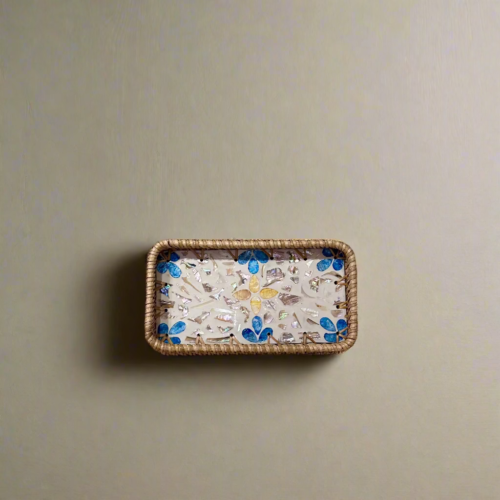 Mixed Shell Inlay Woven Rattan Serving Tray
