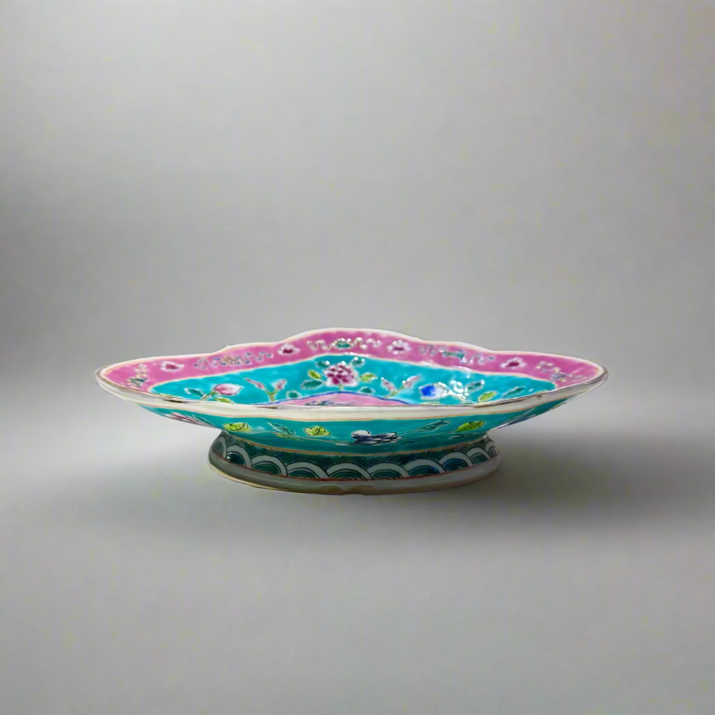 Phoenix Peranakan Scalloped Oval Ceramic Pedestal Bowl