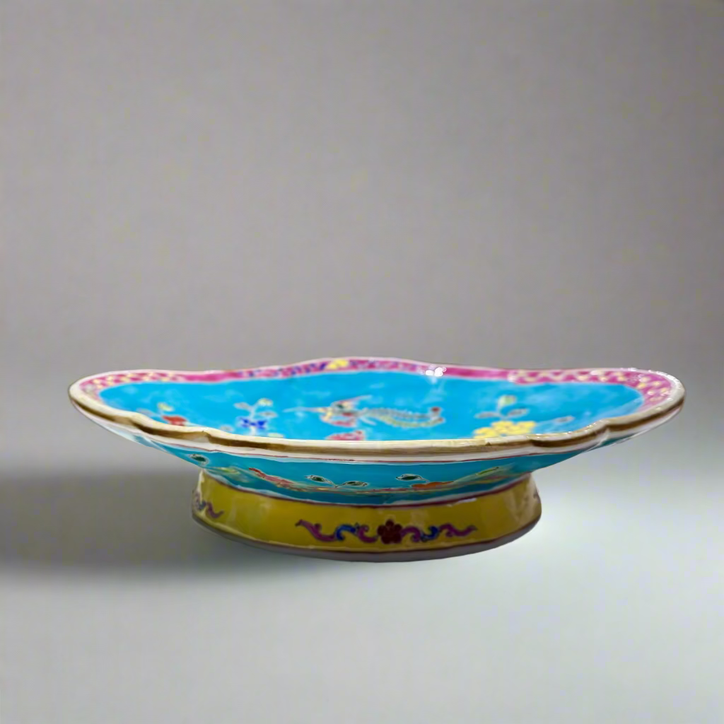 Phoenix Peranakan Scalloped Oval Ceramic Pedestal Bowl - Yellow Base