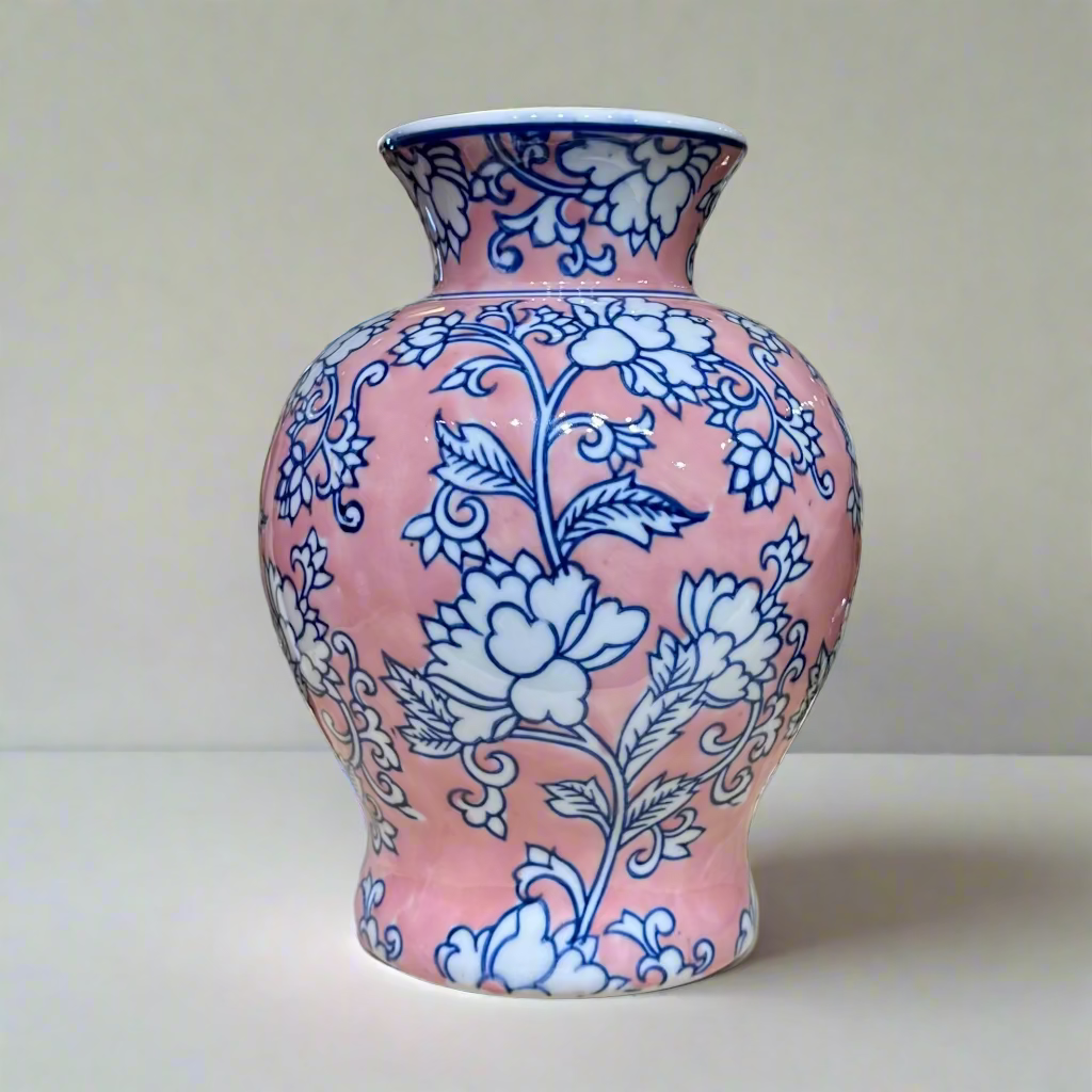 Lara Flora Ceramic Vase - Pink with Blue Outline