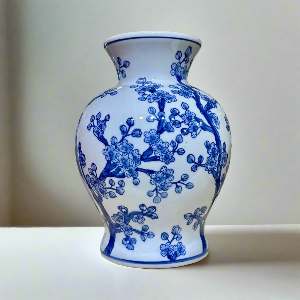 Lara Flora Ceramic Vase - Blue & White