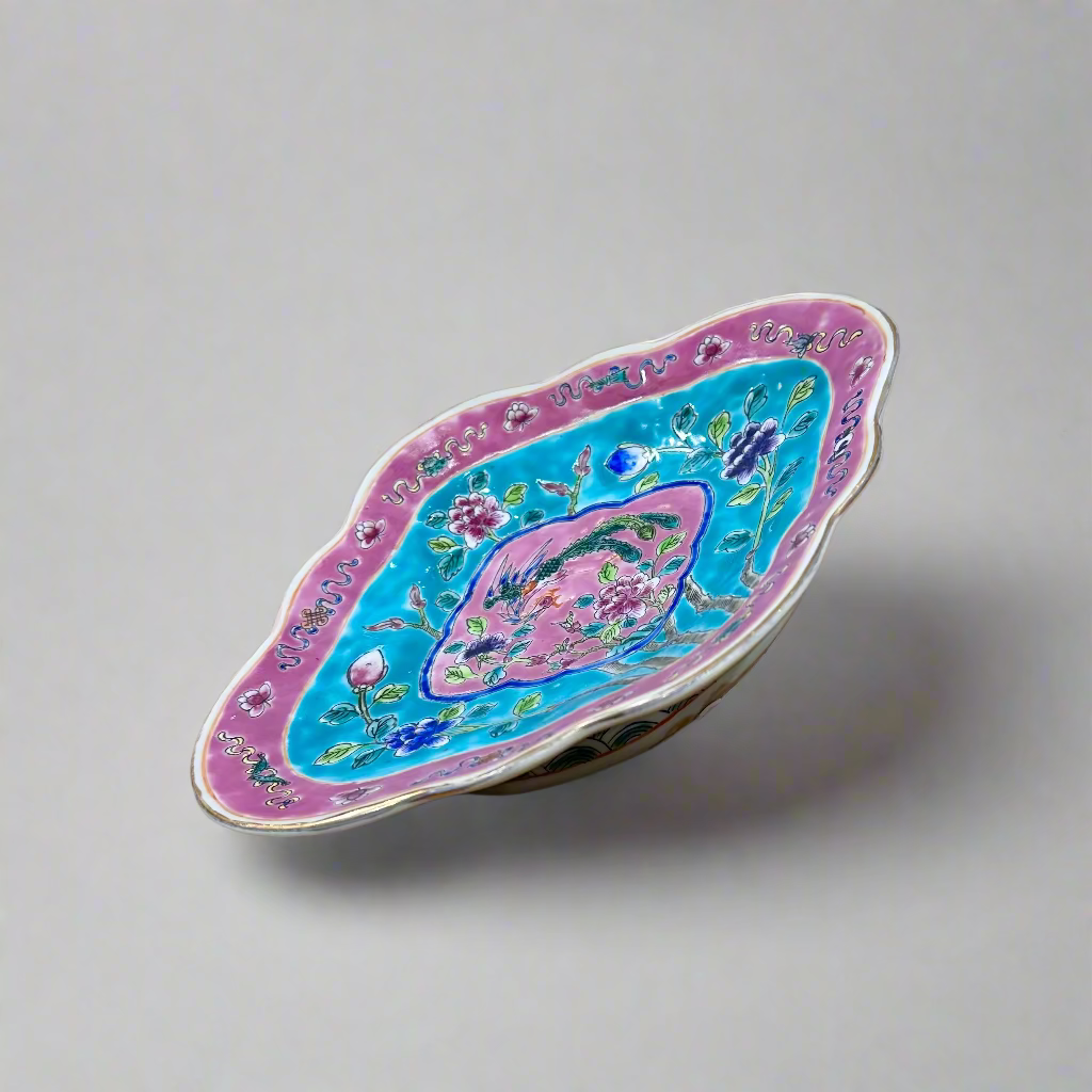 Phoenix Peranakan Scalloped Oval Ceramic Pedestal Bowl