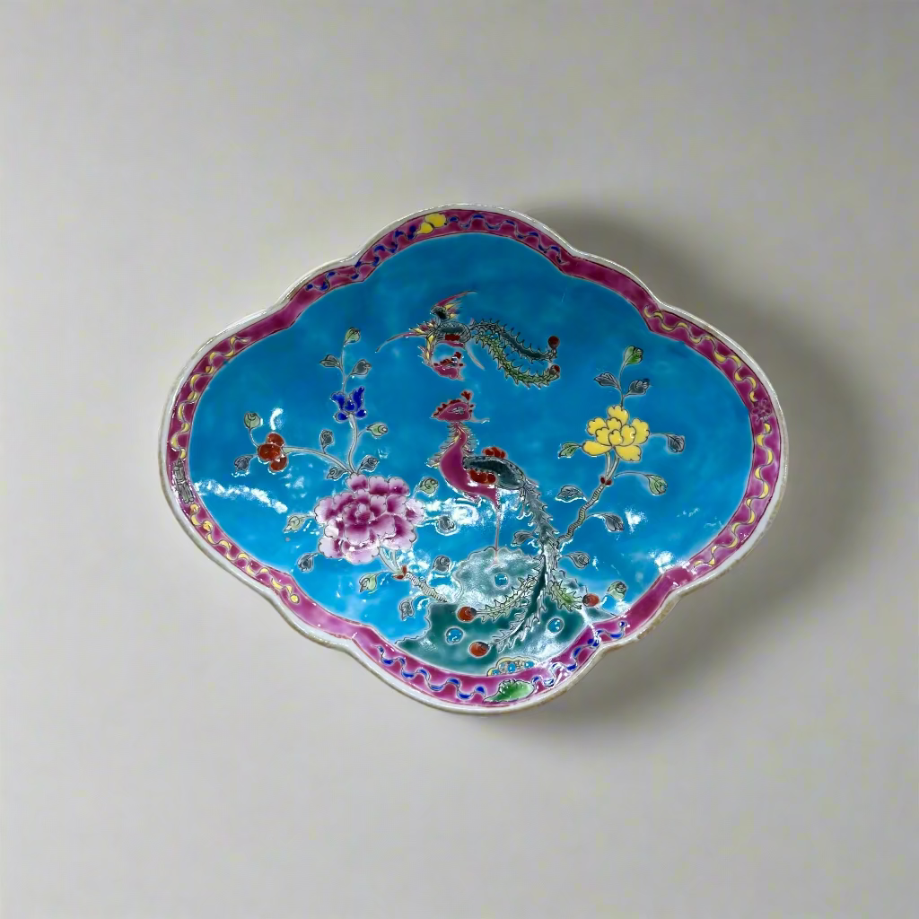 Phoenix Peranakan Scalloped Oval Ceramic Pedestal Bowl - Yellow Base