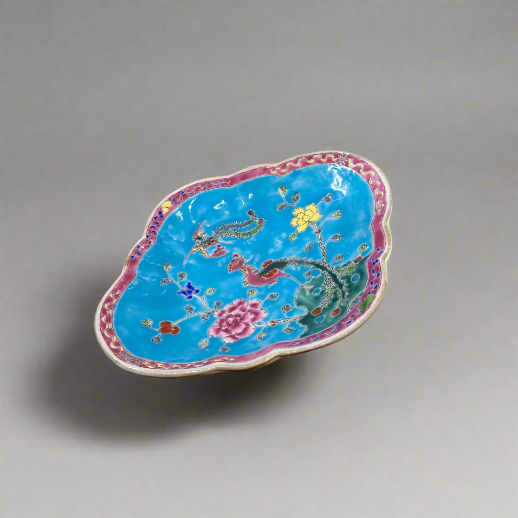 Phoenix Peranakan Scalloped Oval Ceramic Pedestal Bowl - Yellow Base