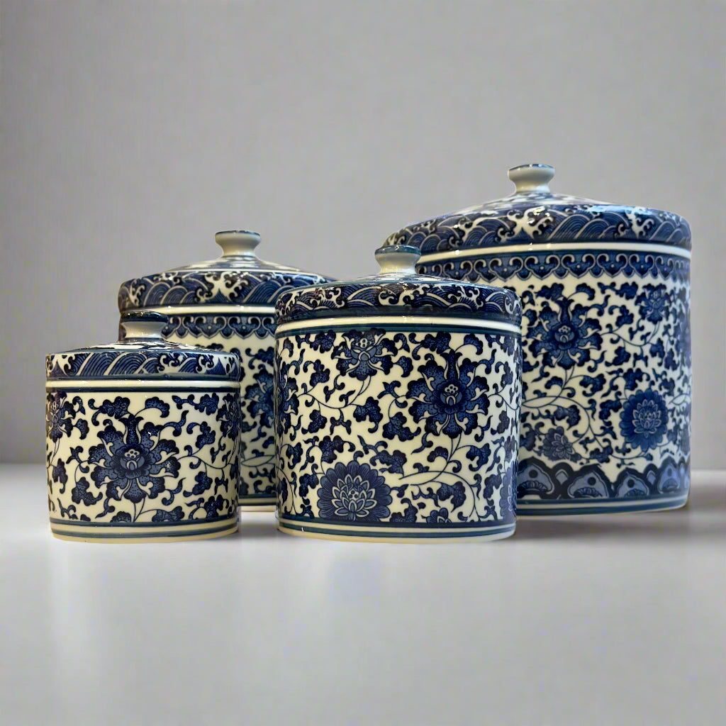 Blue & White Ceramic Storage Jar with Ceramic Handle