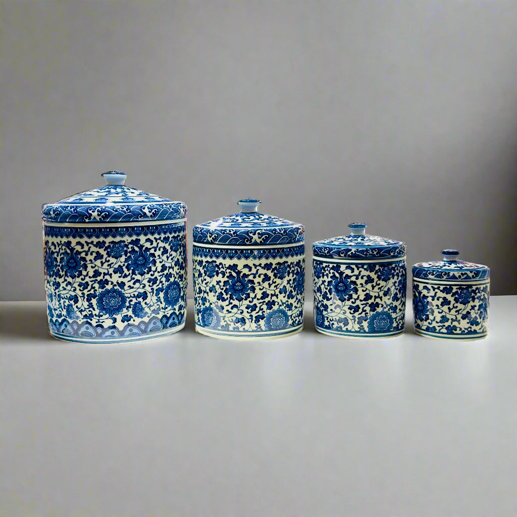 Blue & White Ceramic Storage Jar with Ceramic Handle