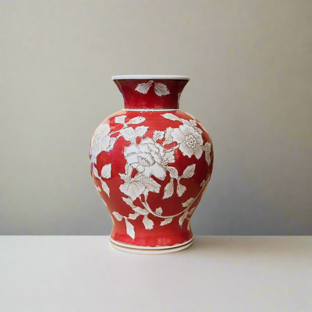 Lara Flora Ceramic Vase - Deep Rust Floral