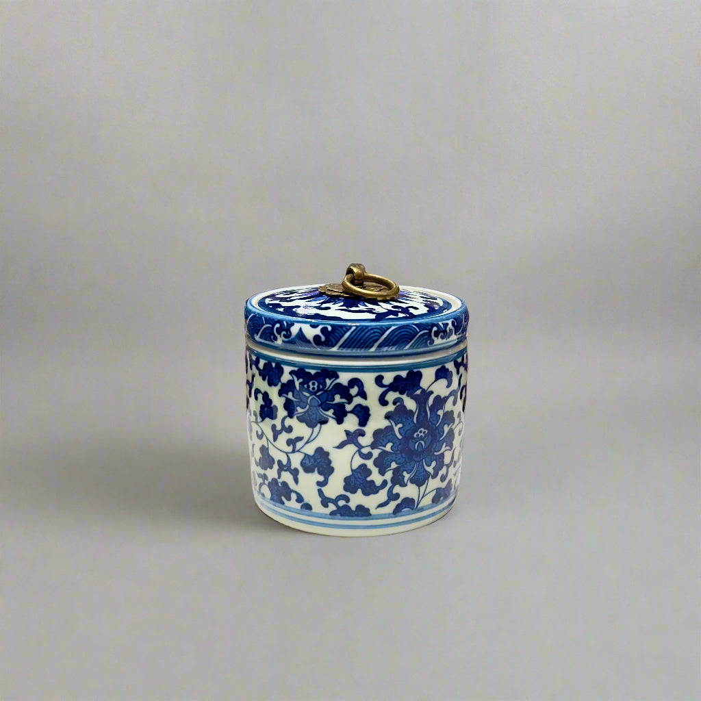 Blue & White Ceramic Storage Jar - Brass Ring Handle