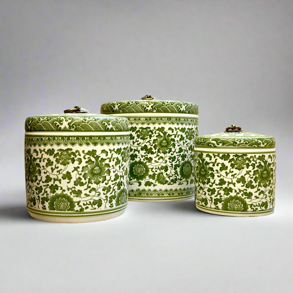 Green & White Ceramic Storage Jar - Brass Ring Handle