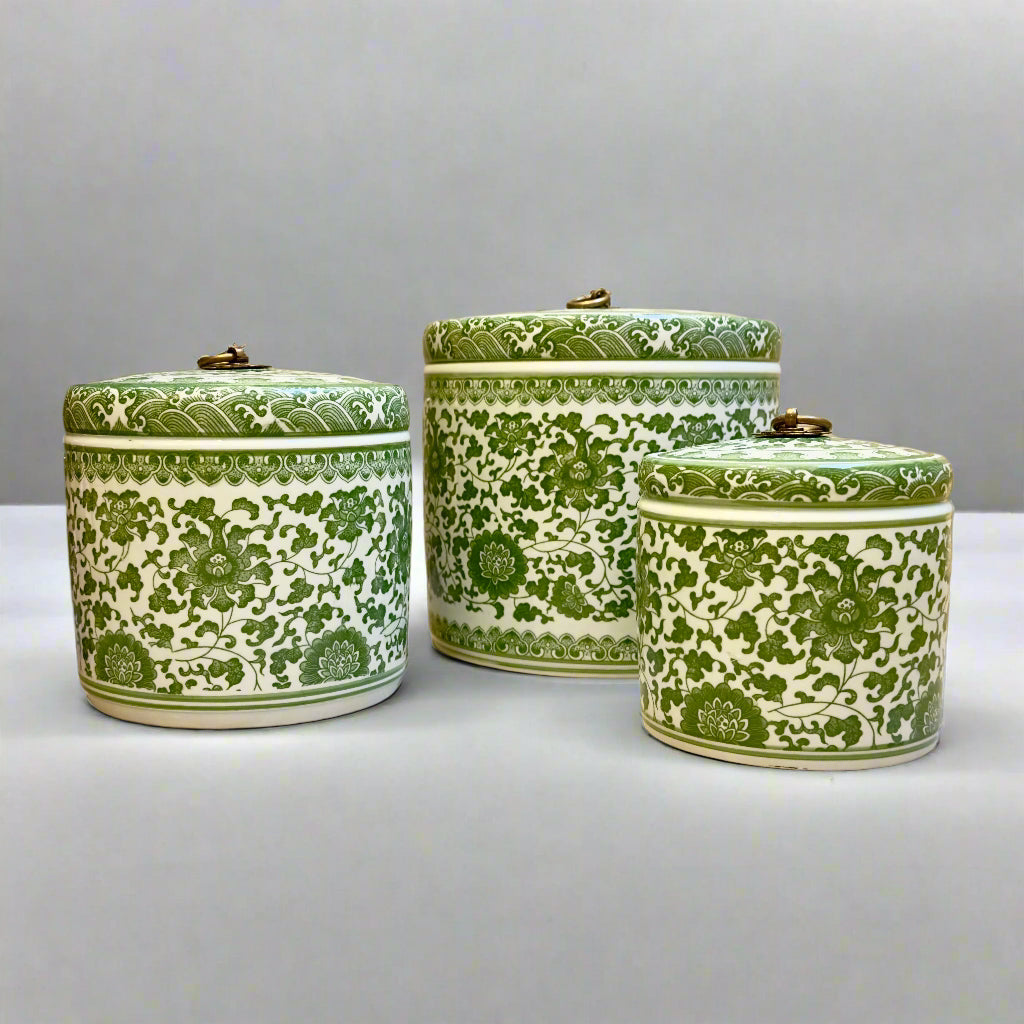 Green & White Ceramic Storage Jar - Brass Ring Handle