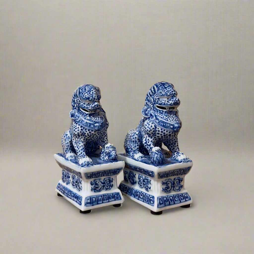 Blue & White Chinoiserie Ceramic Fu Dog Lion Set