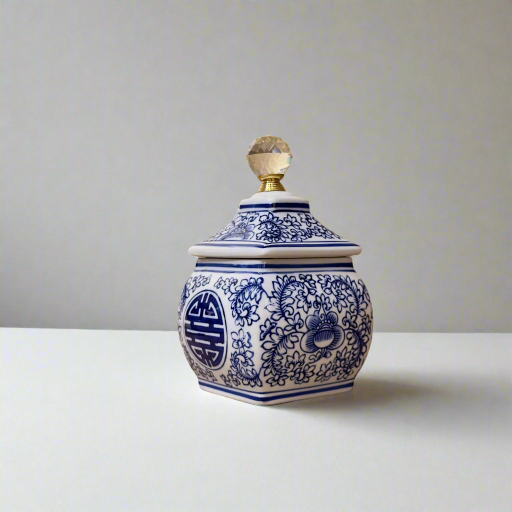 Blue & White Longevity Ceramic Trinket Jar with Lid