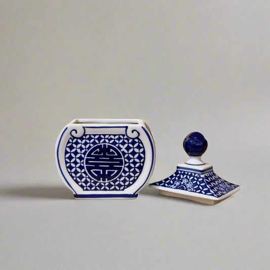 Blue & White Longevity Ceramic Oval Trinket Jar with Lid