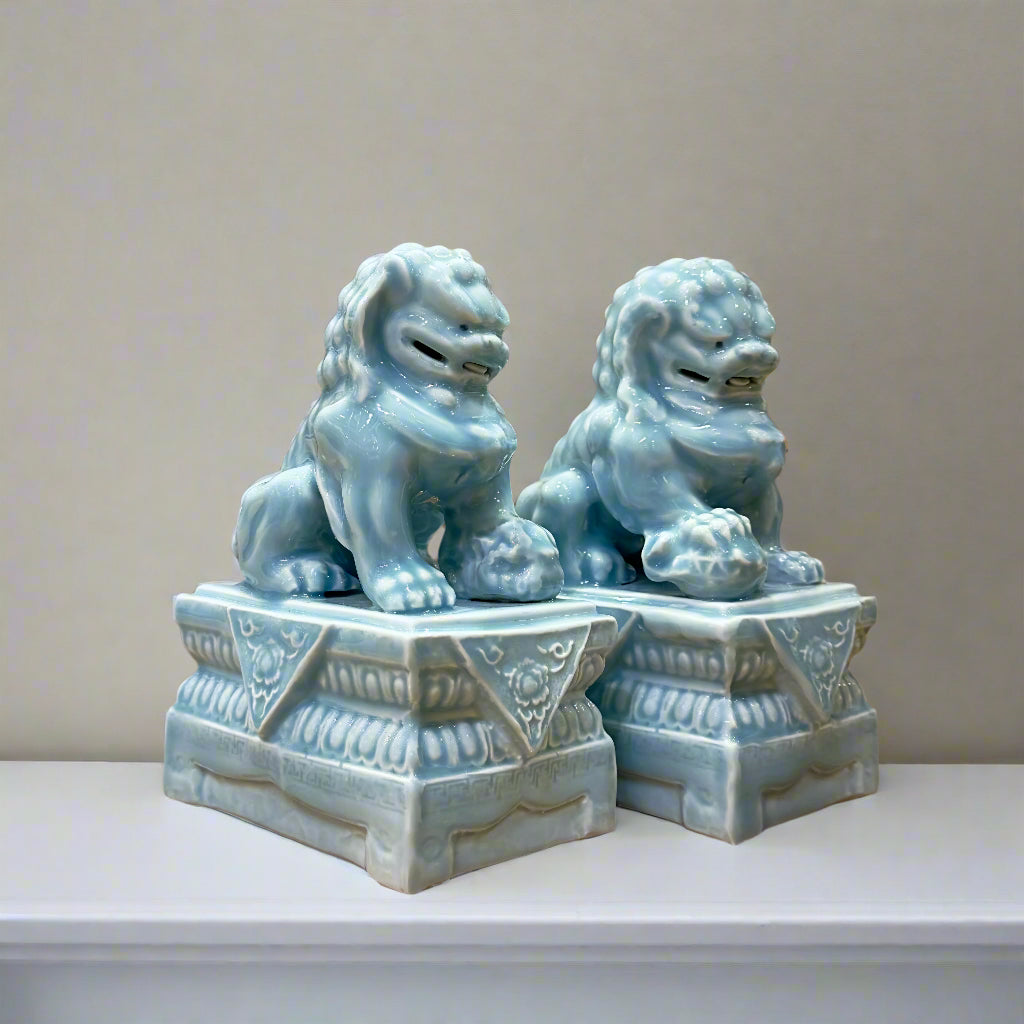 Sky Blue Chinoiserie Ceramic Fu Dog Lion Set