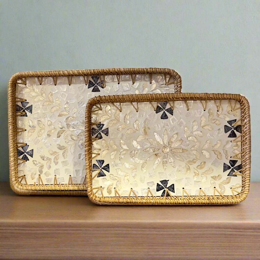 Neutral Floral Shell Inlay Woven Rattan Serving Tray