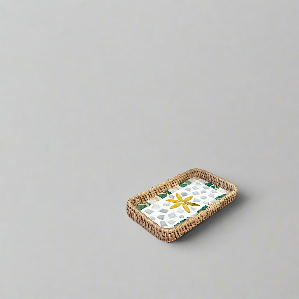 Yellow Petals Shell Inlay Woven Rattan Serving Tray
