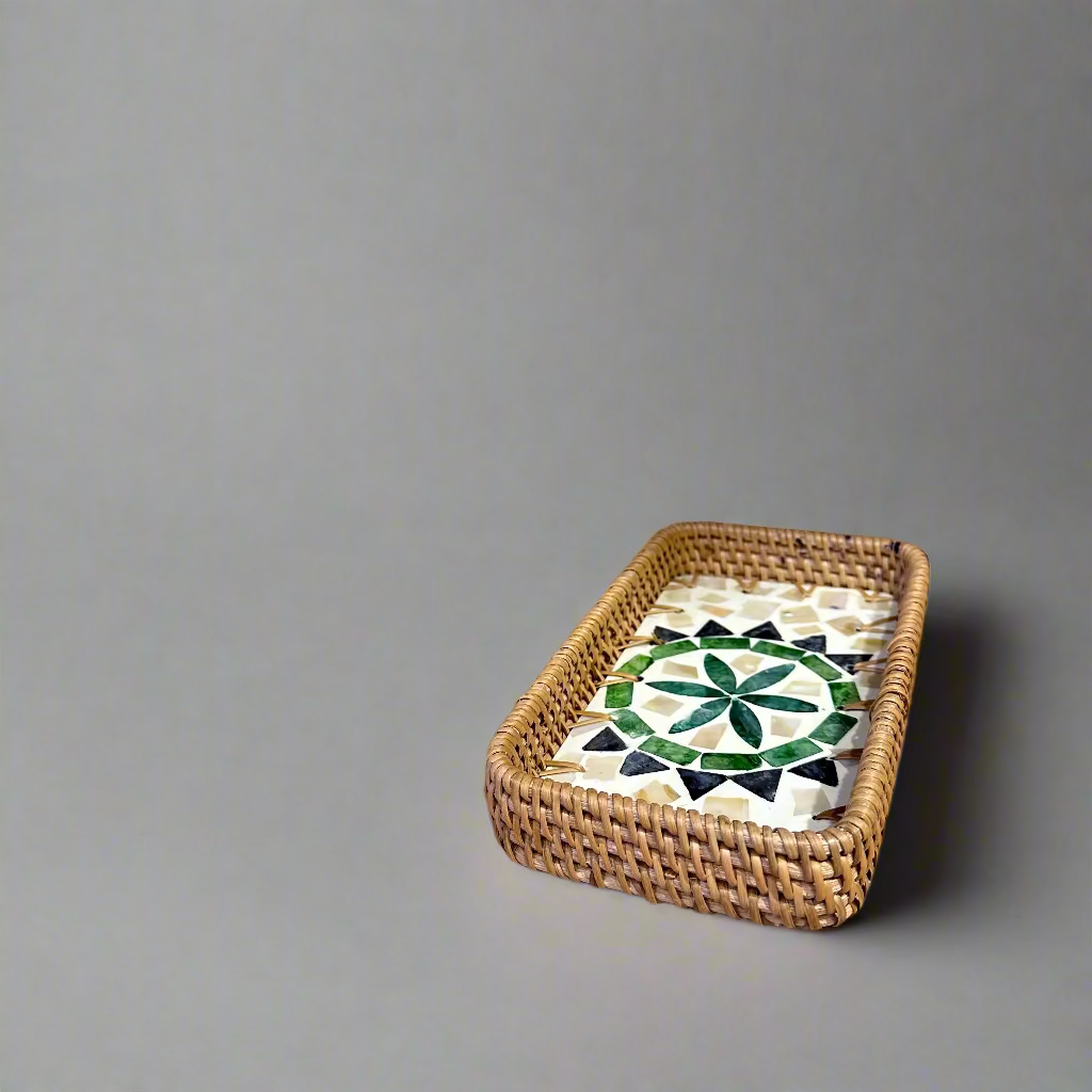Green Petals Shell Inlay Woven Rattan Serving Tray