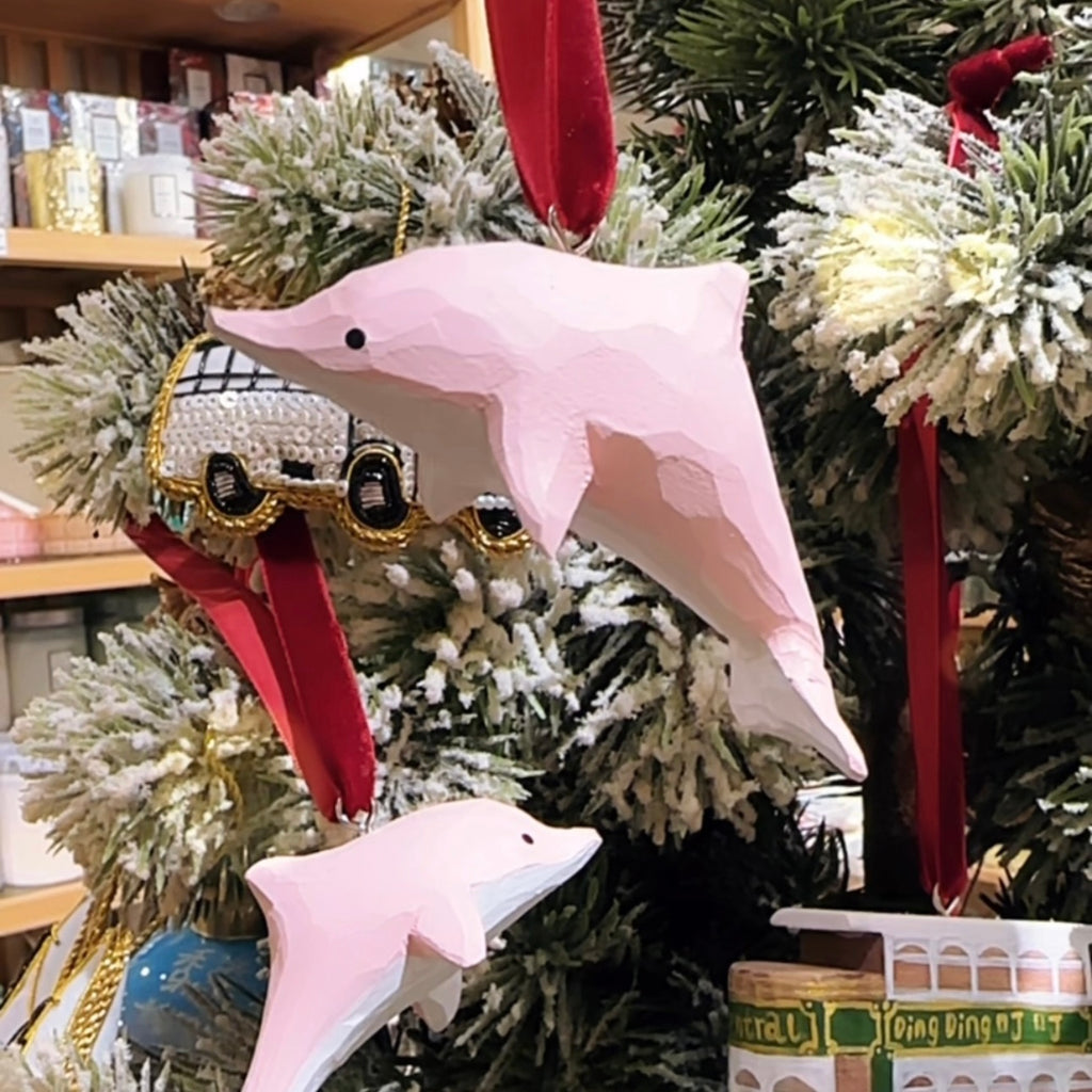Pink Dolphin Hand Carved Wooden Ornament